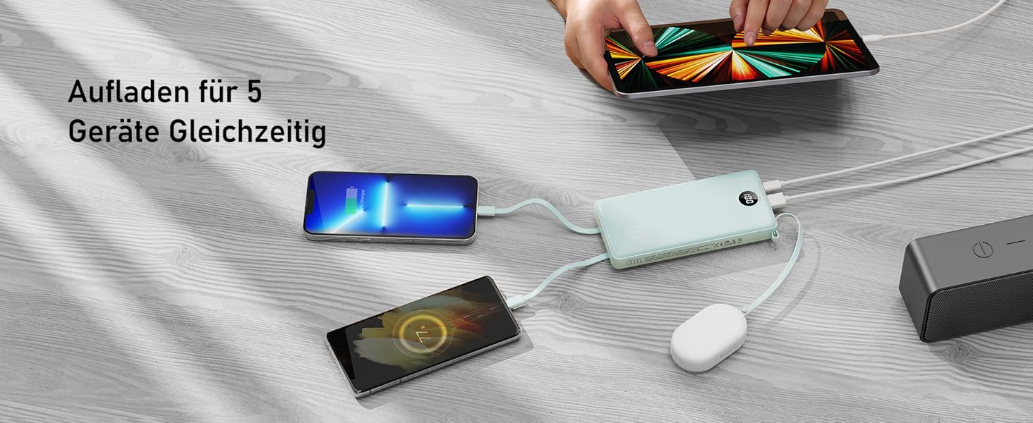 Портативний зарядний акумулятор Power Bank 10000mAh з LED дисплеєм та інтегрованими кабелями. Сумісний з iPhone, iPad, Samsung, Xiaomi, Google Pixel. Колір: блакитний