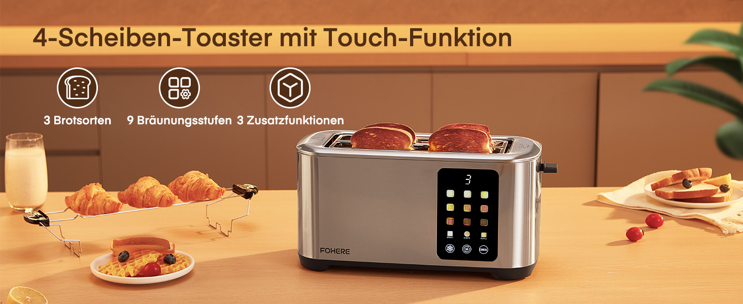 Тостер 4-х секційний, 1400W, нержавіюча сталь, довгий проріз, 9 налаштувань підсмажування, 3 види хліба, функція відміни, розморожування, підігріву, сенсорне керування, з підставою для булок, сріблястий