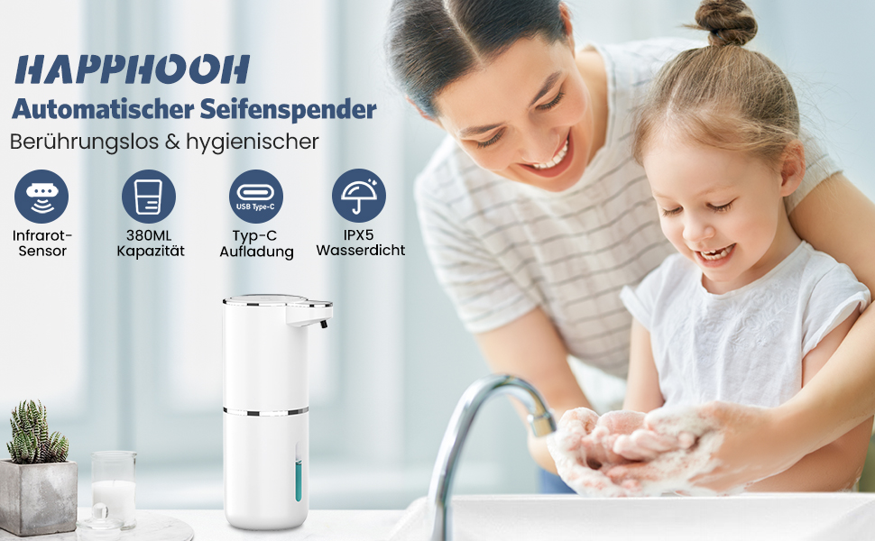 Автоматичний диспенсер мила HAPPHOOH, 380 мл, сенсорний, USB, водонепроникний, для кухні, ванної, школи, готелю, пінистий