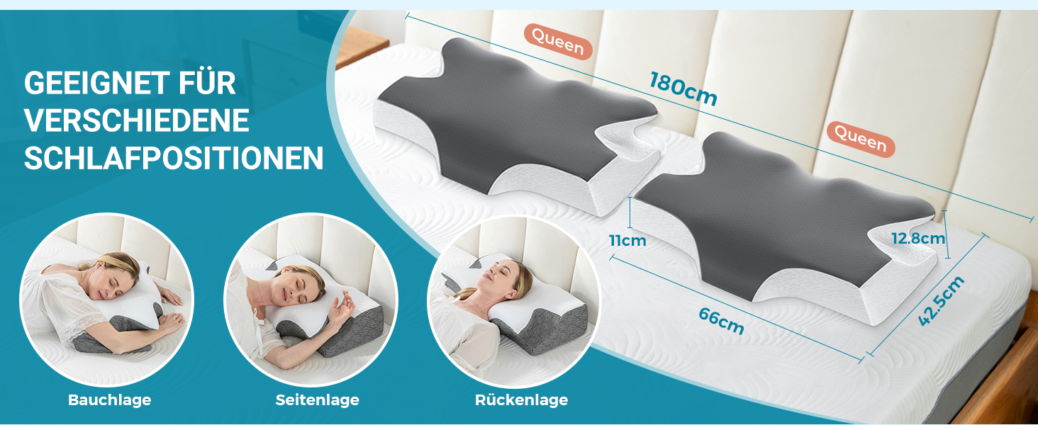 Ортопедична подушка Elviros з Memory Foam, ергономічна подушка для шиї, для тих, хто спить на боці, спині та животі, знімний чохол, Space Grey, 64×(11,5/13)×40 см