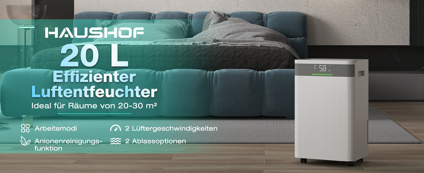 Електричний осушувач повітря HAUSHOF 20л/день, 41дБ, з іонізацією, для приміщень до 30м², 4.5л бак, LED дисплей, 3 режими, портативний