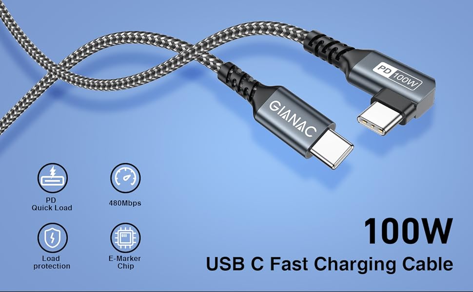 Кабель USB-C на USB-C 100W з кутом 90° для швидкої зарядки, 5A, USB-C PD, з чіпом E-Mark (0.3м) - Macbook, iPad, Samsung, Huawei