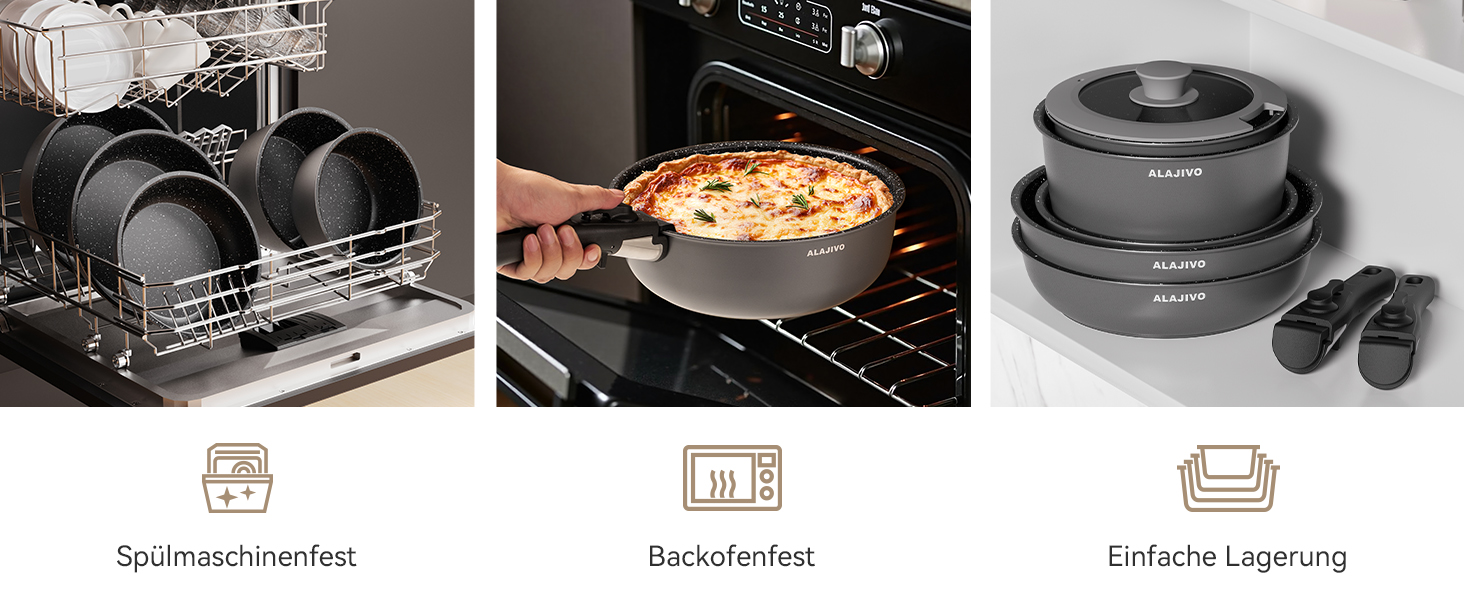 Набір каструль та сковорідок 17 частин з знімним ручками, антипригарне покриття, для всіх типів плит, включаючи індукційні, та духовка, сірий колір