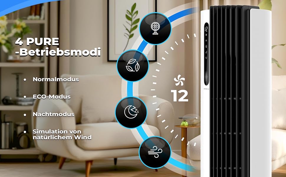 Турбовентилятор 110 см: тихий вентилятор з пультом, іонізація, 12 швидкостей, таймер 12 год, білий колір