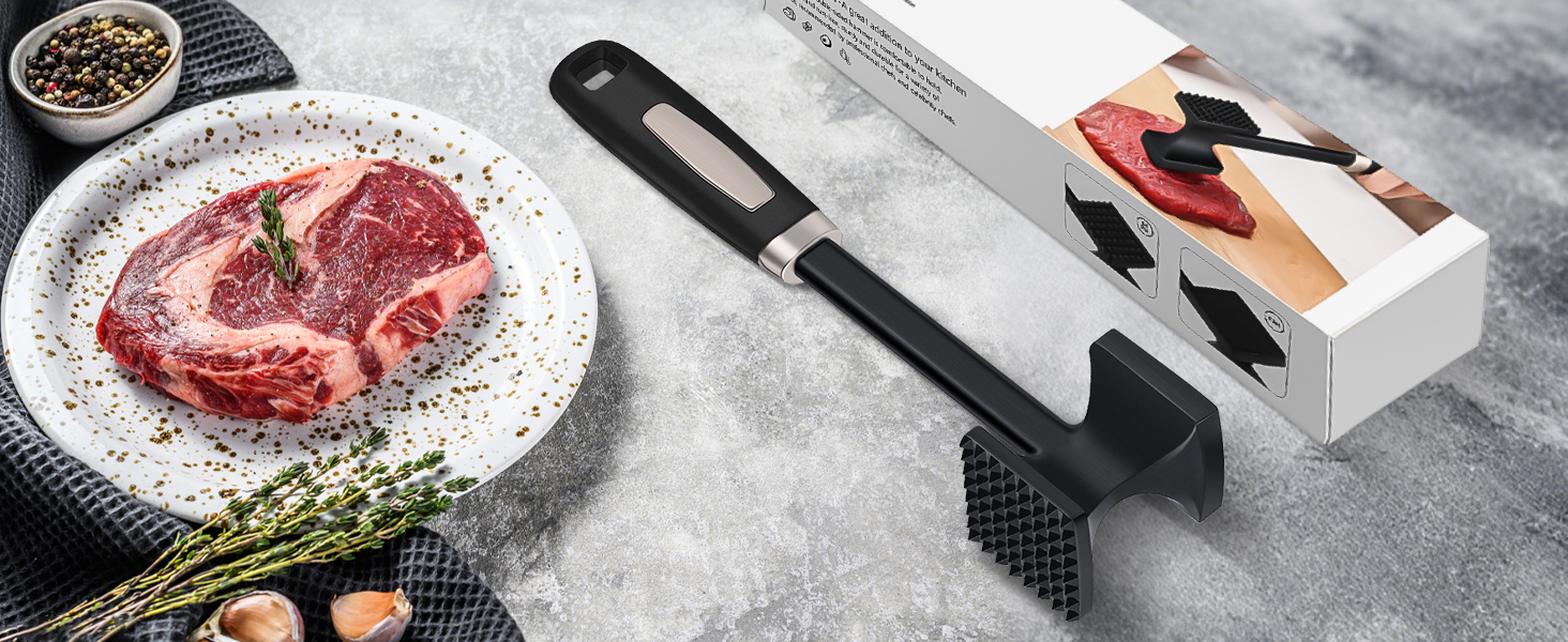 HOOMIL Fleischklopfer: подвійний молоток для відбивання м'яса з антипригарним покриттям, для шніцелів, стейків, сріблястий (квадратний, матовий чорний)