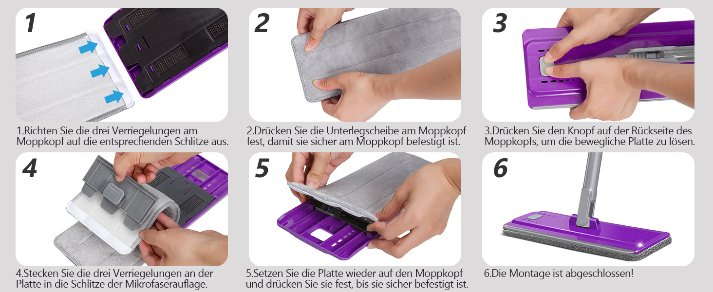 Набір для миття підлоги MASTERTOP з відром, моп з нержавіючою ручкою та 3 насадками, 2 в 1 набір відра та мопа, плоский моп з функцією віджиму для твердої підлоги, ламінату, плитки (Бежевий) (Набір для миття підлоги з відром: Фіолетовий)