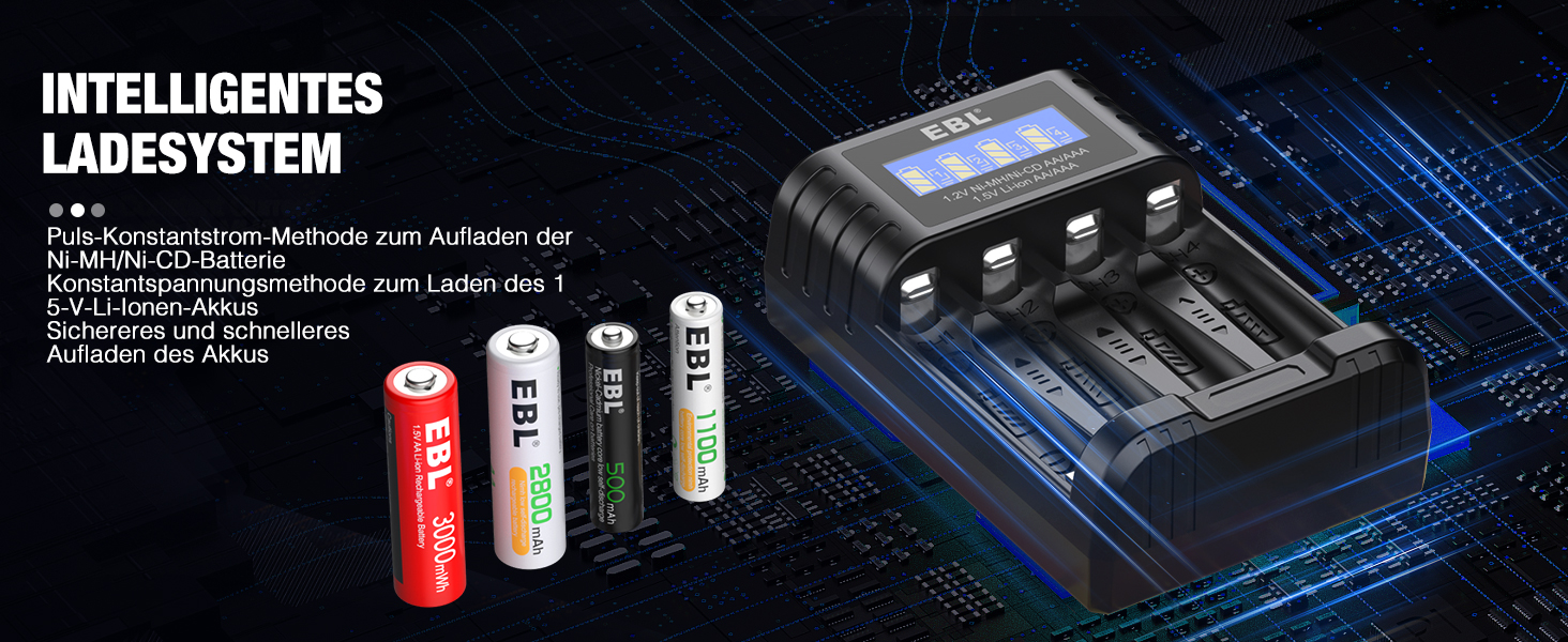 Зарядний пристрій EBL для акумуляторів AA AAA 1.2V NI-MH/Li-Ion, Type-C, індикатор заряду, окремий відсік