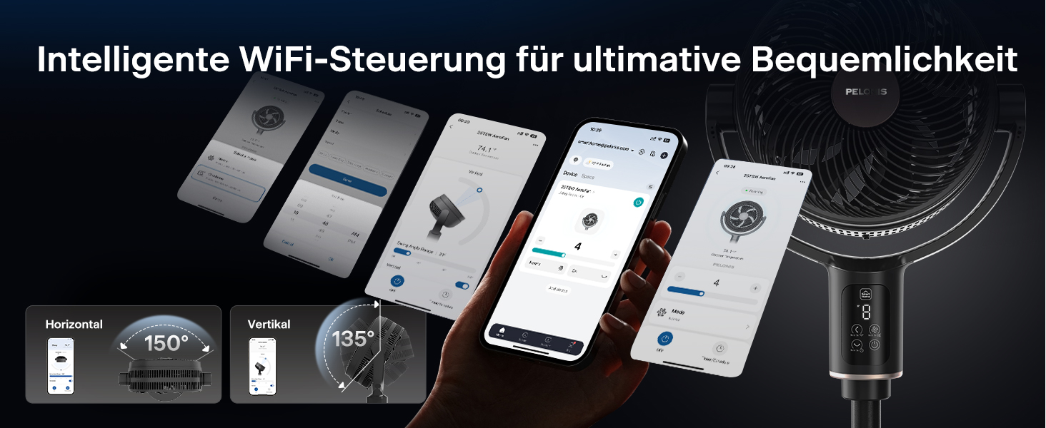 PELONIS Smart вентилятор підлоговий з осциляцією, DC мотор, 9 швидкостей, 26dB, регульована висота 36-110см, 9H