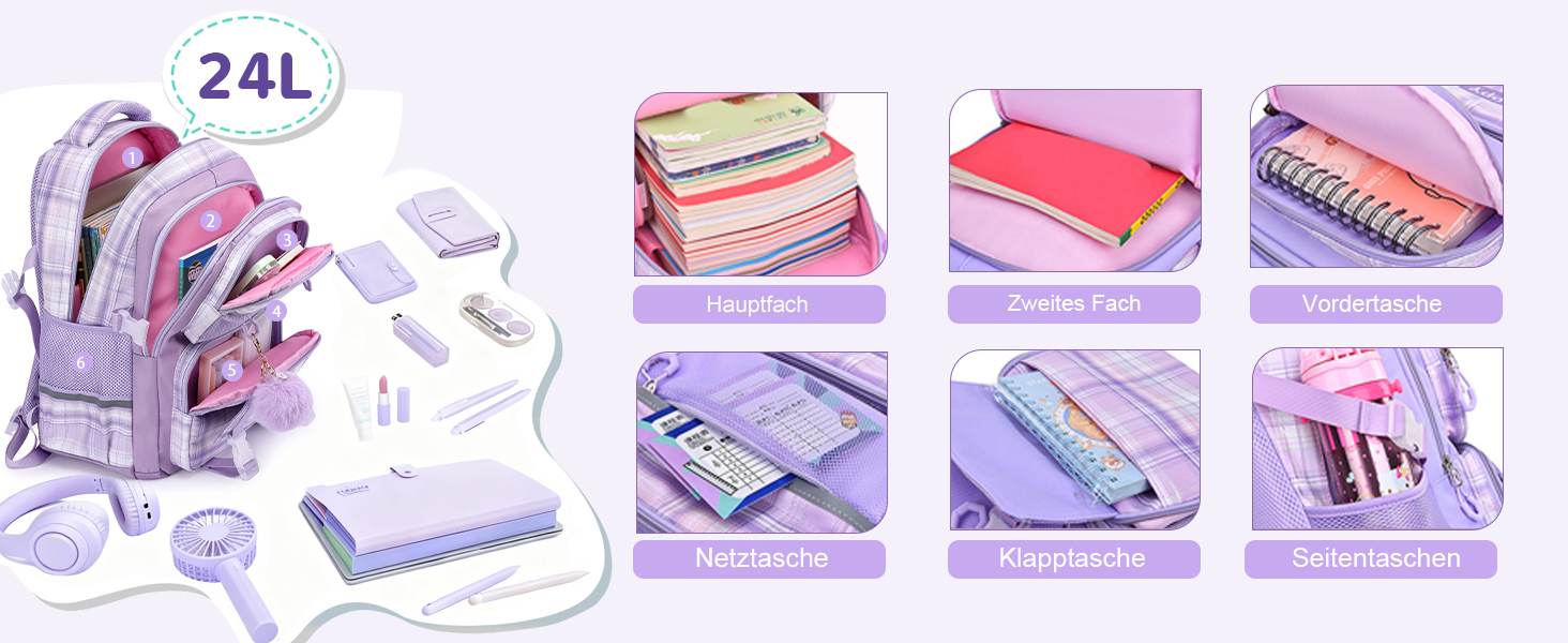 Шкільний рюкзак для дівчаток з візерунком, дихаючий та водовідштовхуючий рюкзак для 1-5 класів (рюкзак для дітей + ізольована ланч-торбинка + пенал, фіолетовий)