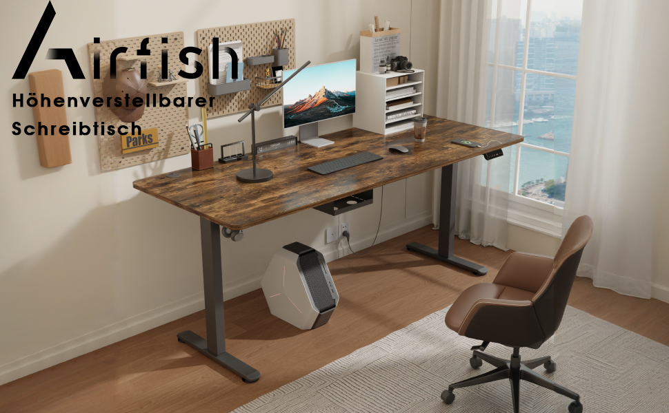 Електричний регульований стіл Airfish 140x70 см з кабельною гондолою та USB-портом. Офісний стіл, стоячий стіл з нагадуванням про сидячу роботу, вінтажний коричневий.
