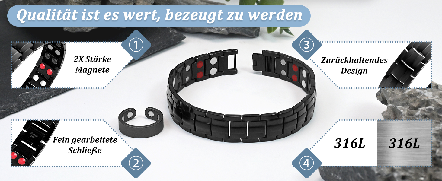 Браслет магнітний чоловічий Vicmag з титанової сталі, подвійна лінія магнітів, регульований, з інструментом та подарунковою коробкою (Чорний, 4 елементи)