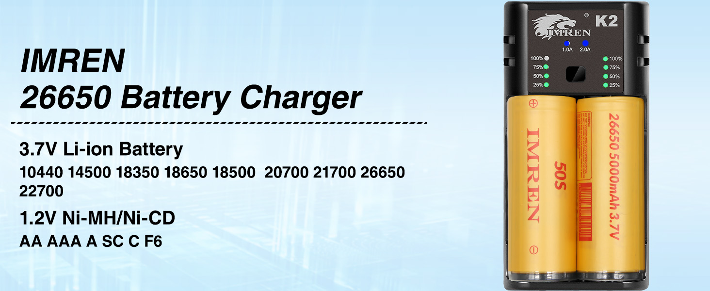 Зарядний пристрій IMREN 18650 з 4 слотами, 2A, USB-C, для акумуляторів 18350, 14500, 14650, 17500, 18700, 20700, 21700, 22650, 26650, 1.2V NI-MH/NI-Cd AA AAA C