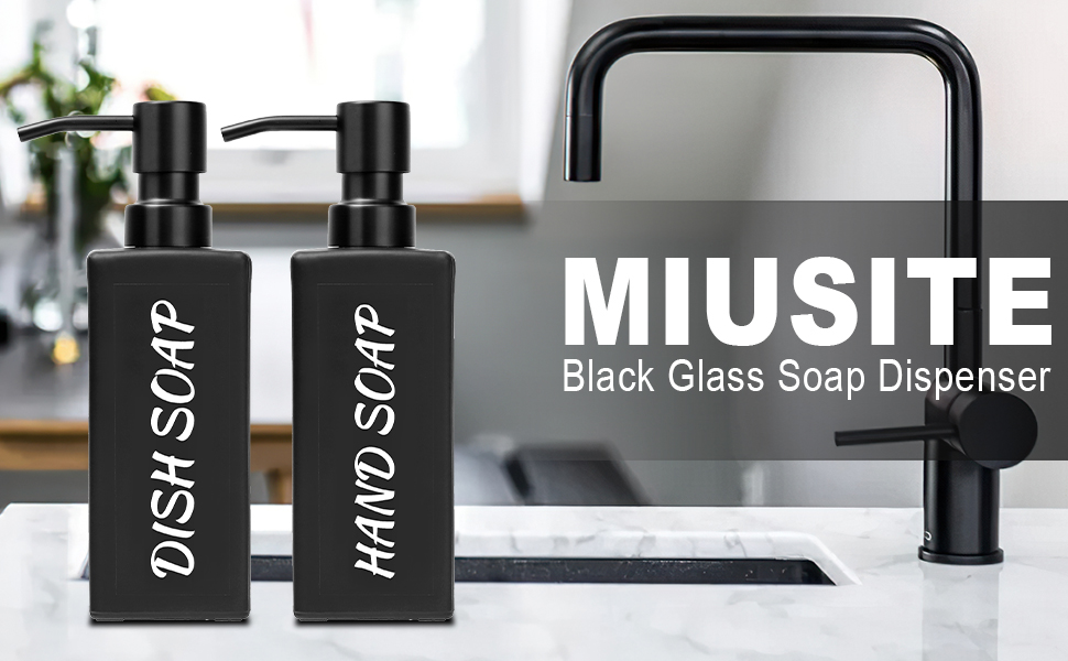 Набір мильниць MIUSITE 2 шт. по 350 мл з нержавіючою сталевою помпою, для мила та миття посуду, сучасні скляні флакони для ванної кімнати та кухні з водонепроникними етикетками, чорного кольору