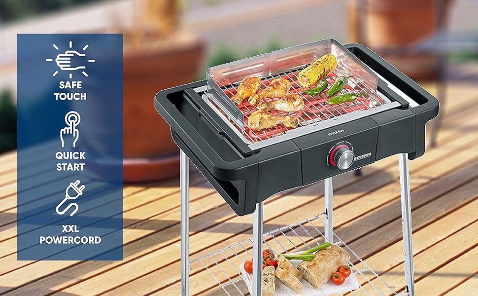 Електричний гриль SEVERIN Style Evo з підставкою і полицею, швидкий старт до 350°C, рівномірний розподіл тепла, чорний, модель PG 8124 — гриль для балкона та саду