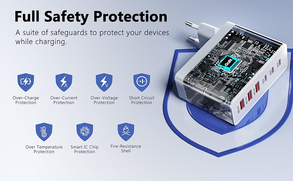 Зарядний пристрій USB-C 50W, 5 портів: 2 USB-C та 3 USB-A, швидка зарядка PD 3.0 для iPhone, Samsung, телефонів, планшетів (Сірий)