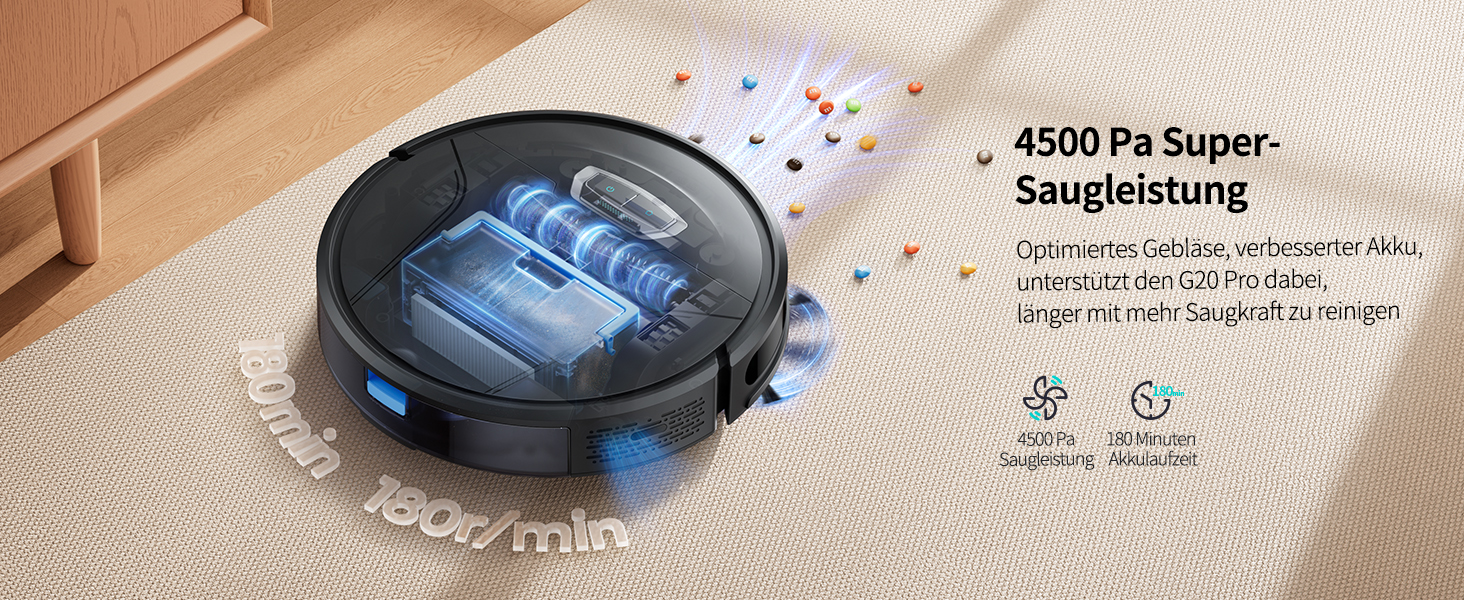 Робот-пилосос HONITURE G20 Pro з функцією миття, 4500Pa, керування через додаток, 180 хв роботи, для шерсті тварин, килимів та твердих підлог (Чорний, XL)