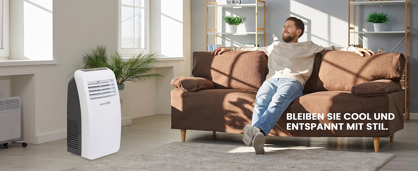 Мобільний кондиціонер SereneLife 9000 BTU з виносним шлангом. 3-в-1: кондиціонер, вентилятор, осушувач повітря. Підходить для кімнат до 42 м². Білий.