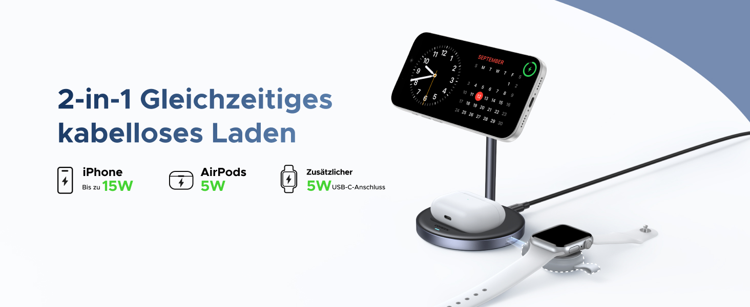 Бездротовий зарядний пристрій UGREEN Zapix Qi2 Magnetic 2-в-1, 15W, сумісний з MagSafe для iPhone 15/14/13/12 та AirPods, регульований на 90°