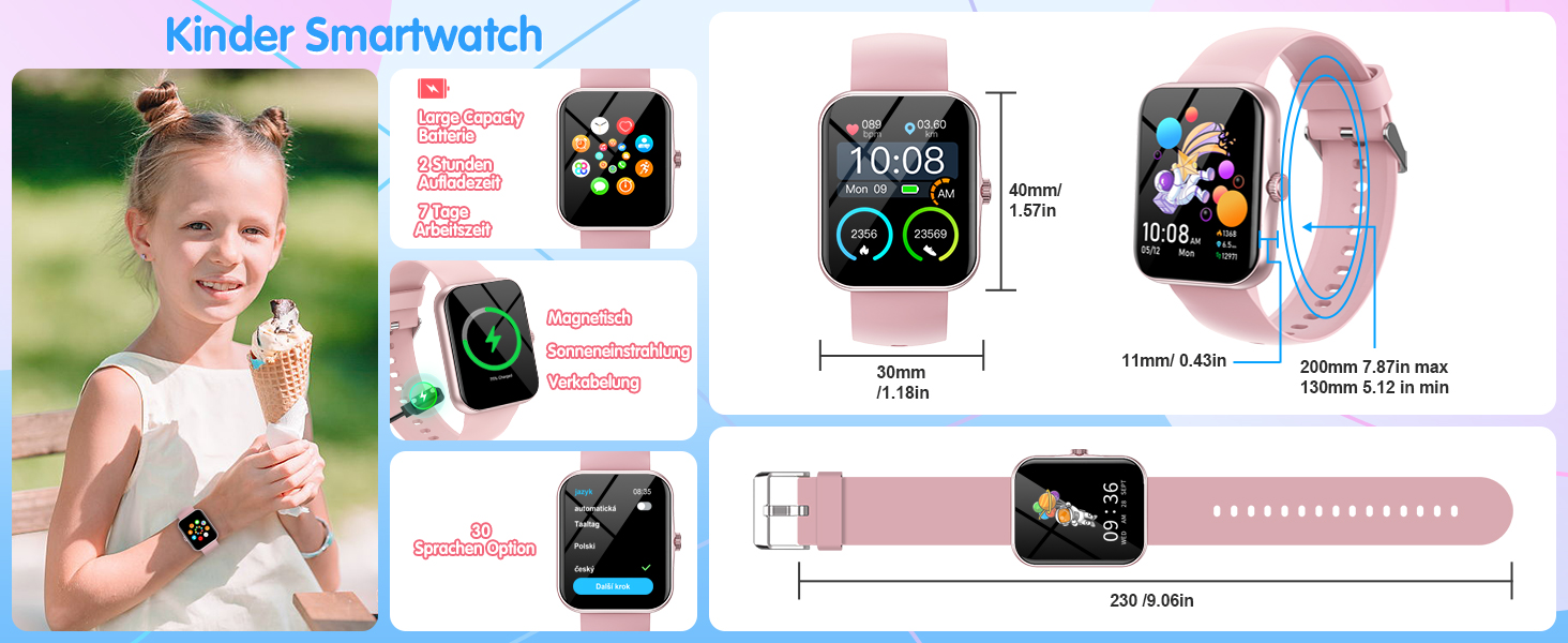 Дитячий розумний годинник Kinder Sport Fitness для дівчаток та хлопчиків з крокомером, 100+ спортивних режимів, будильником, іграми, секундоміром, повідомленнями, активним трекером для підлітків 5-16 років, чорний