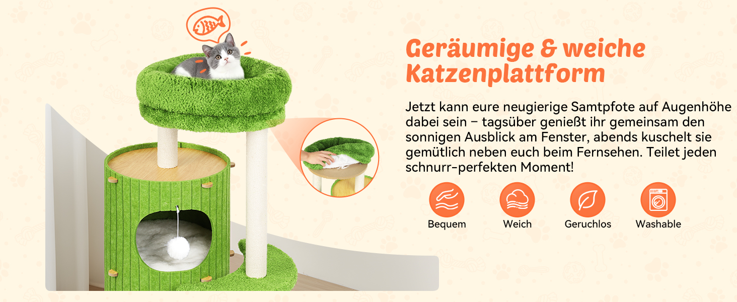 Котячий будиночок з подряпувачем Luxus: широка колона з берези, міцний, до 25 кг, сизаль, велике ліжко з подушкою з льону, легко збирається (зелений)