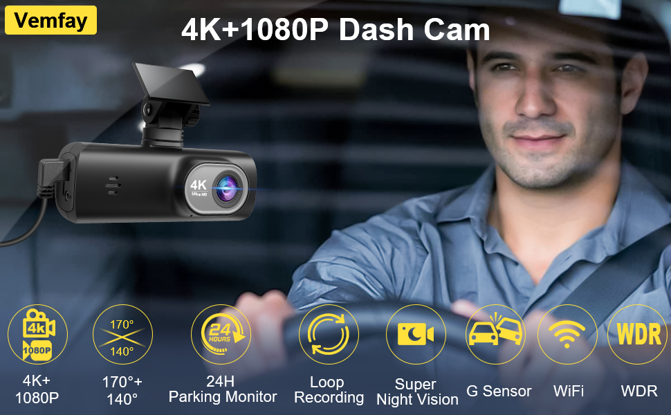 Відеореєстратор для авто 4K + 1080P з WiFi, нічною зйомкою та паркуванням, 64GB карта в комплекті
