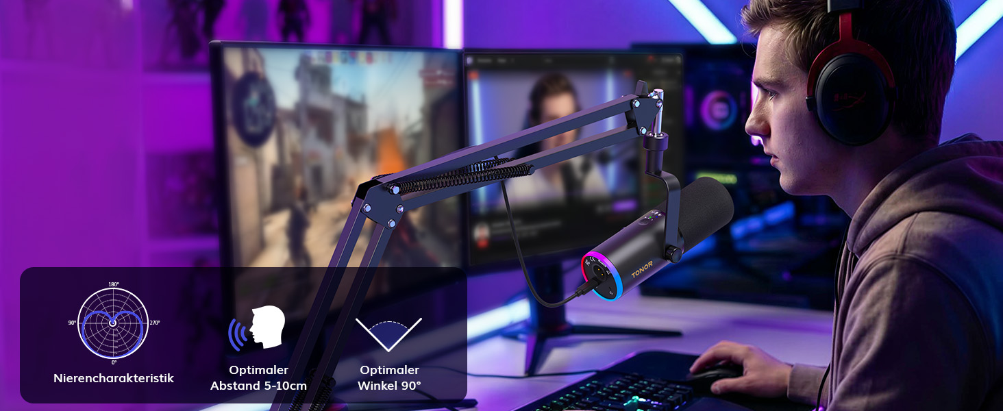 Професійний USB/XLR мікрофон TONOR TD510 AIR S+H для стрімінгу та подкастів з AI шумозаглушенням, RGB підсвіткою, кріпленням-пантографом, чорний