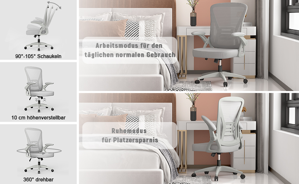 Офісний стіл Naspauluro з регульованими підлокітниками, ергономічний стілець з сітчастою спинкою, підтримкою попереку, регульованою висотою, м'яким сидінням, поворотним на 360°, сірий, без підголівника