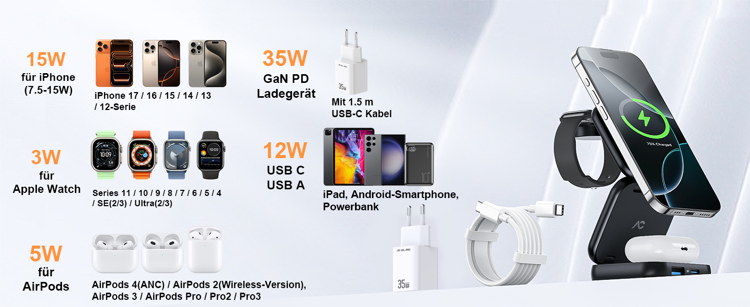 Зарядна станція 5 в 1 для iPhone з підтримкою магнітного зарядного пристрою, складана, для подорожей, бездротовий зарядний пристрій для iPhone 17/16/15/14/13/12, AirPods Pro 3, Apple Watch S11/Ultra (Titan Wüstensand) 2026-Titan Wüstensand (2026-Schwarz)