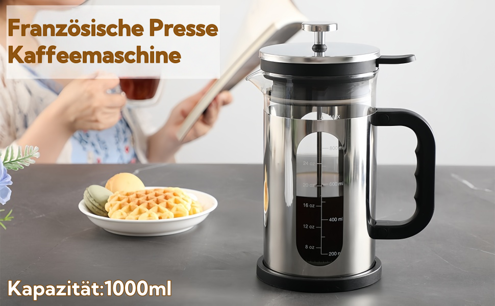 Френч-прес для кави, 1 л, скло Borosilikat, нержавіюча сталь, з багаторазовими фільтрами, портативна кавоварка для кухні, подорожей, кемпінгу