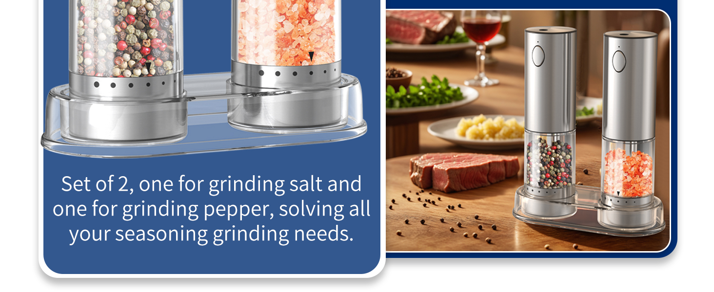 Електричні соляні та перечні млини CIRCLE JOY з нержавіючої сталі з підставкою, 95 мл, біле LED-підсвічування, регульована ступінь помелу, срібний колір