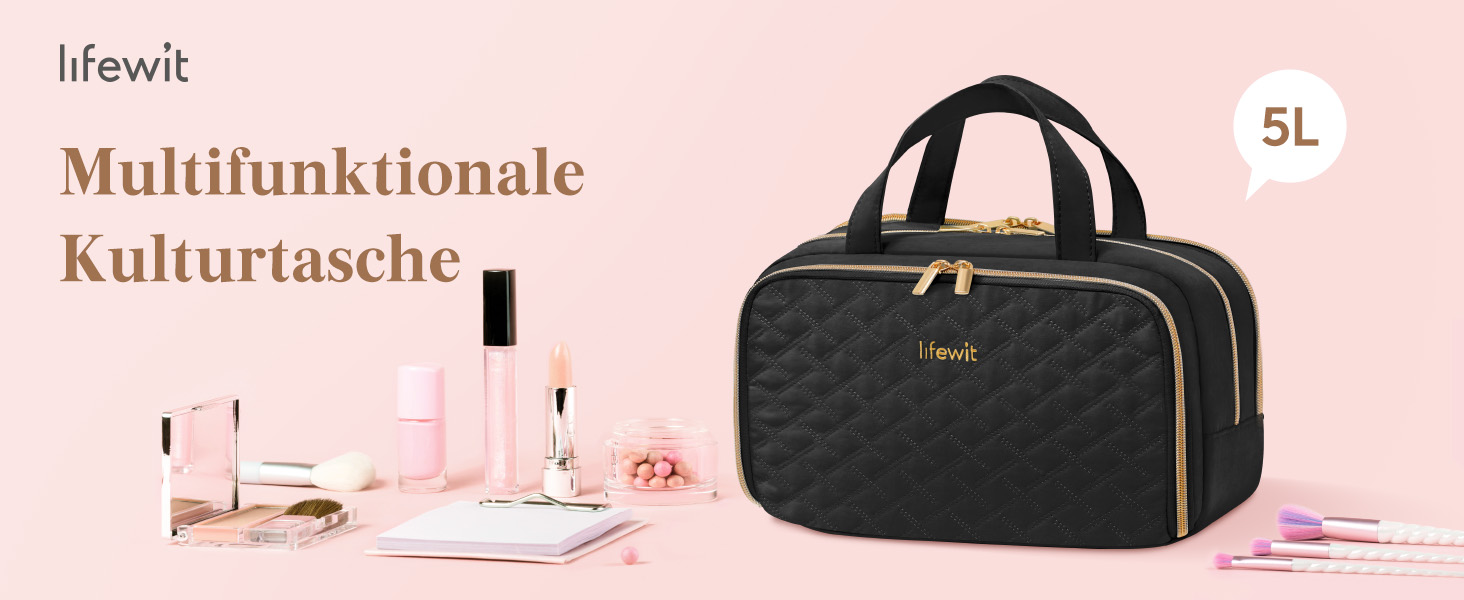 Жіноча дорожня косметичка Lifewit 5L, водовідштовхувальна косметичка з відділенням для мокрого одягу, органайзер для макіяжу, аксесуарів, шампуню та туалетних речей, чорна, M