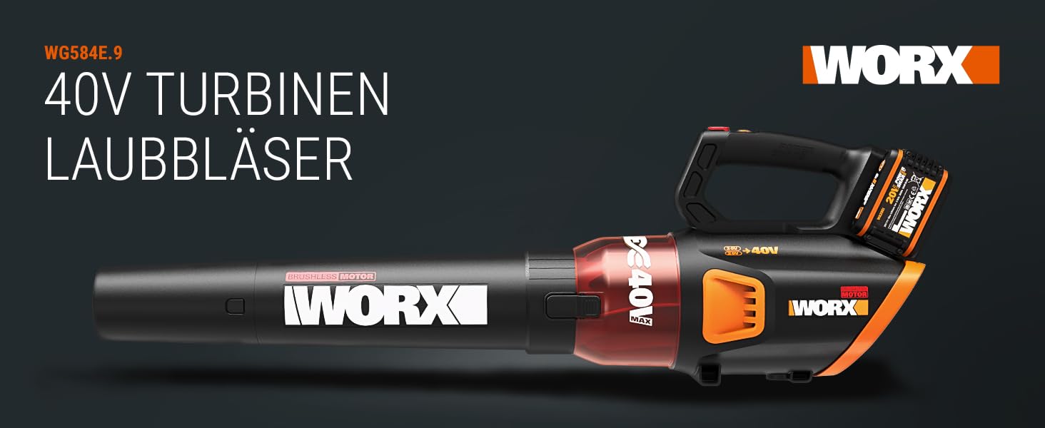 Акумуляторний повітродув WORX WG584E.9 40В, безщітковий двигун, турбінна технологія, 145 км/год, 12 м³/хв, легкий, без акумулятора та зарядки, сумісний з PowerShare