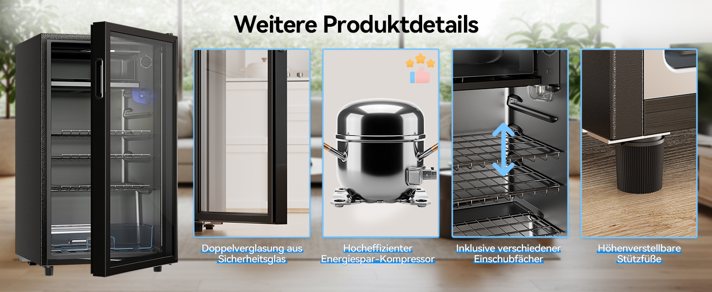 Холодильник для напоїв Devoko 93L з скляними дверцятами та LED-підсвіткою. Регульовані полиці для колі, пива та вина. Чорний колір, ідеально для дому та офісу.