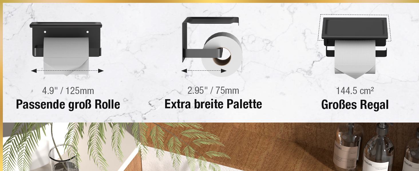 Тримач туалетного паперу HITSLAM без свердління, чорний, нержавіюча сталь з полицею, самоклеючий, для ванної кімнати