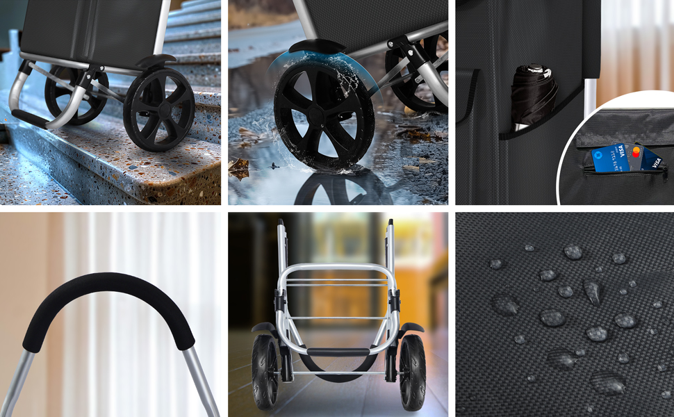 Складна алюмінієва господарська сумка VOUNOT 45 л, водонепроникна, чорна, великі колеса з бризковиками, візок для покупок, для сходів