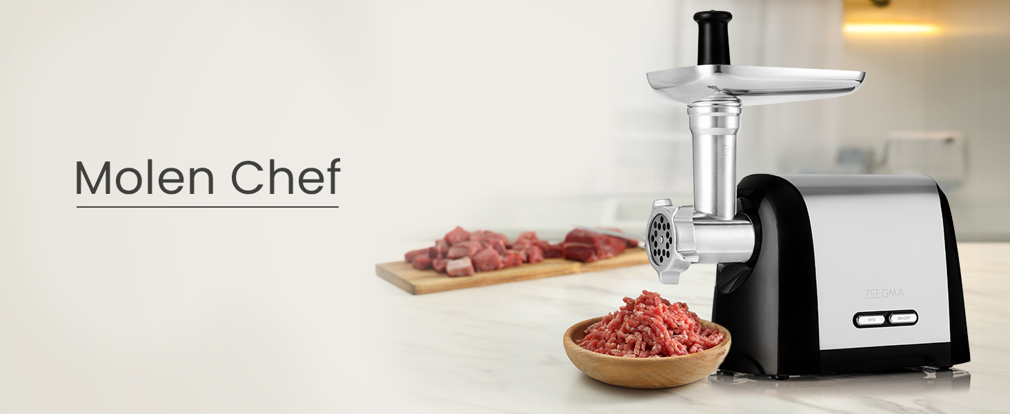 ZEEGMA Electric Meat Grinder - 1900W, Stainless Steel Plates, 3kg/min, Sausage Maker, Kubbe Maker, Chopping, Dicing, REV Function, Accessory Set - Silver