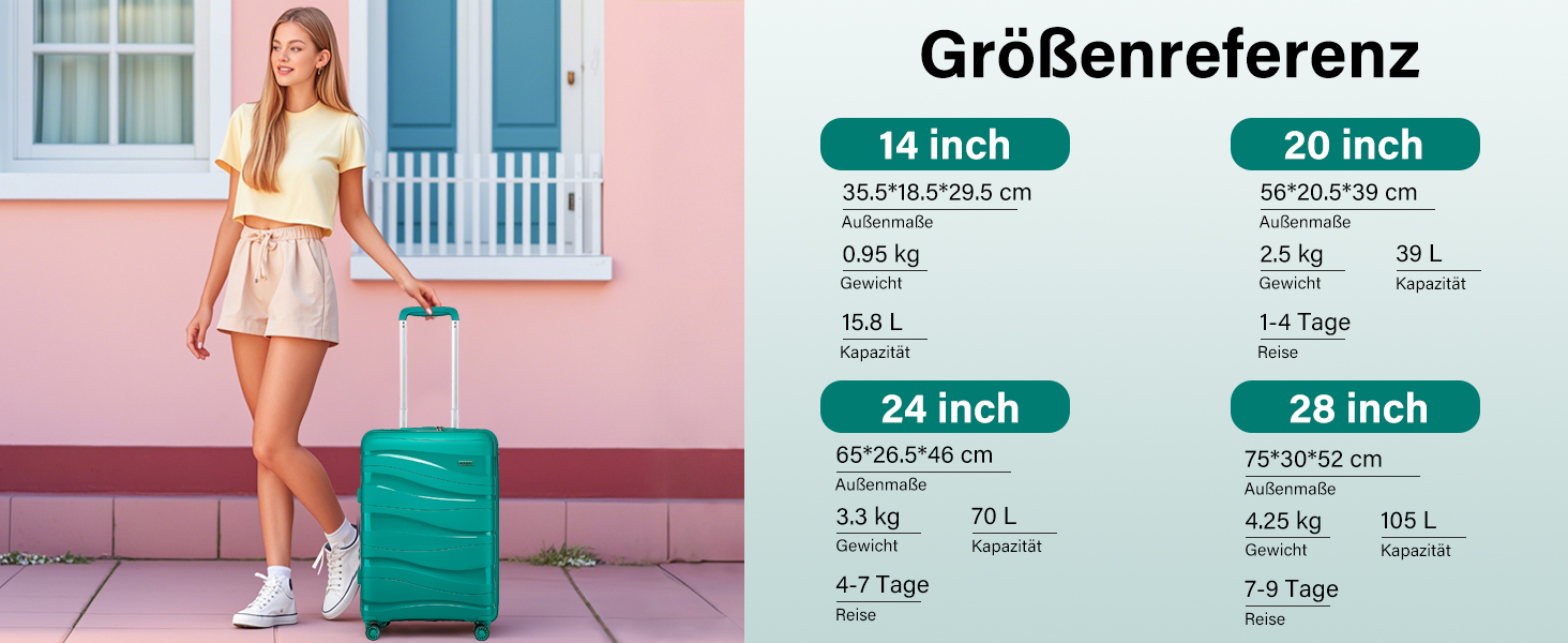 KONO Чемодан середнього розміру 65см з поліпропілену, з TSA замком, 65x46x26.5см (Зелений)