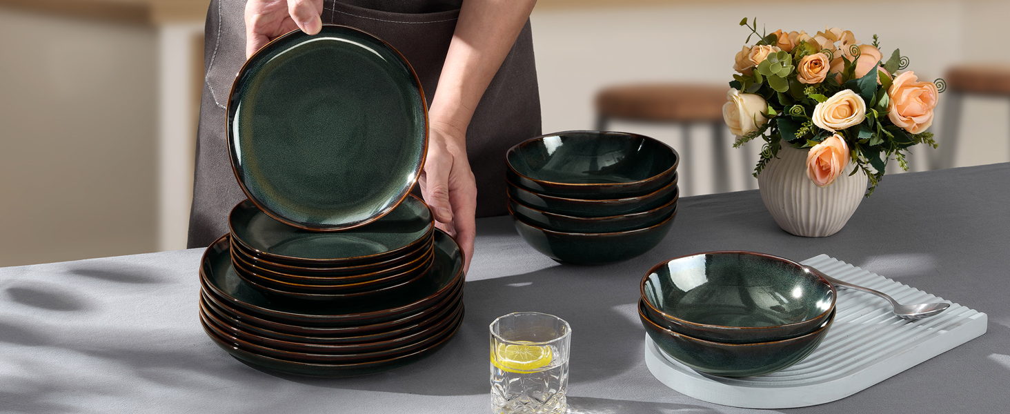 Сервіз Joyfair на 6 осіб, 18 предметів, кераміка, набір посуду, тарілки для їжі, десертні тарілки, миски для каші, сумісний з мікрохвильовою піччю та посудомийною машиною, колір Тандра Грін