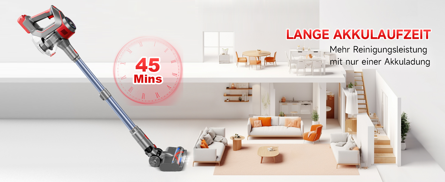 Бездротовий акумуляторний пилосос 45000 Па – 45 хв роботи, тихий (<65 дБ), LED-дисплей, 8-в-1 бездротовий пилосос з антизаплутаною насадкою та HEPA-фільтром – для шерсті тварин, килимів, твердих підлог та алергіків, червоний