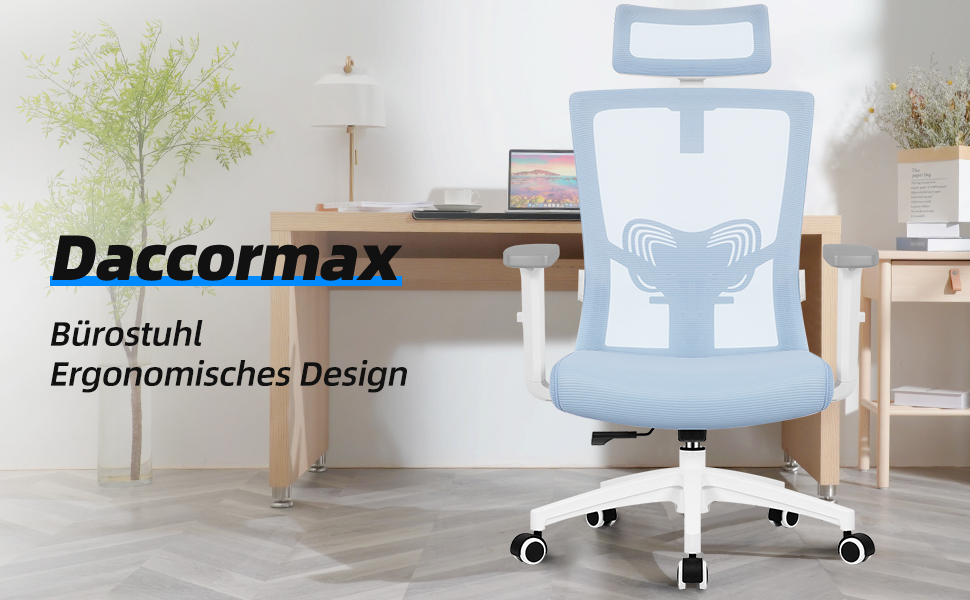 Ергономічне крісло Daccormax для офісу: регульована підголовник, підлокітники, підтримка попереку, поворотний механізм, функція гойдання, дихаюча сітка, для спини, до 150 кг (Блакитний)