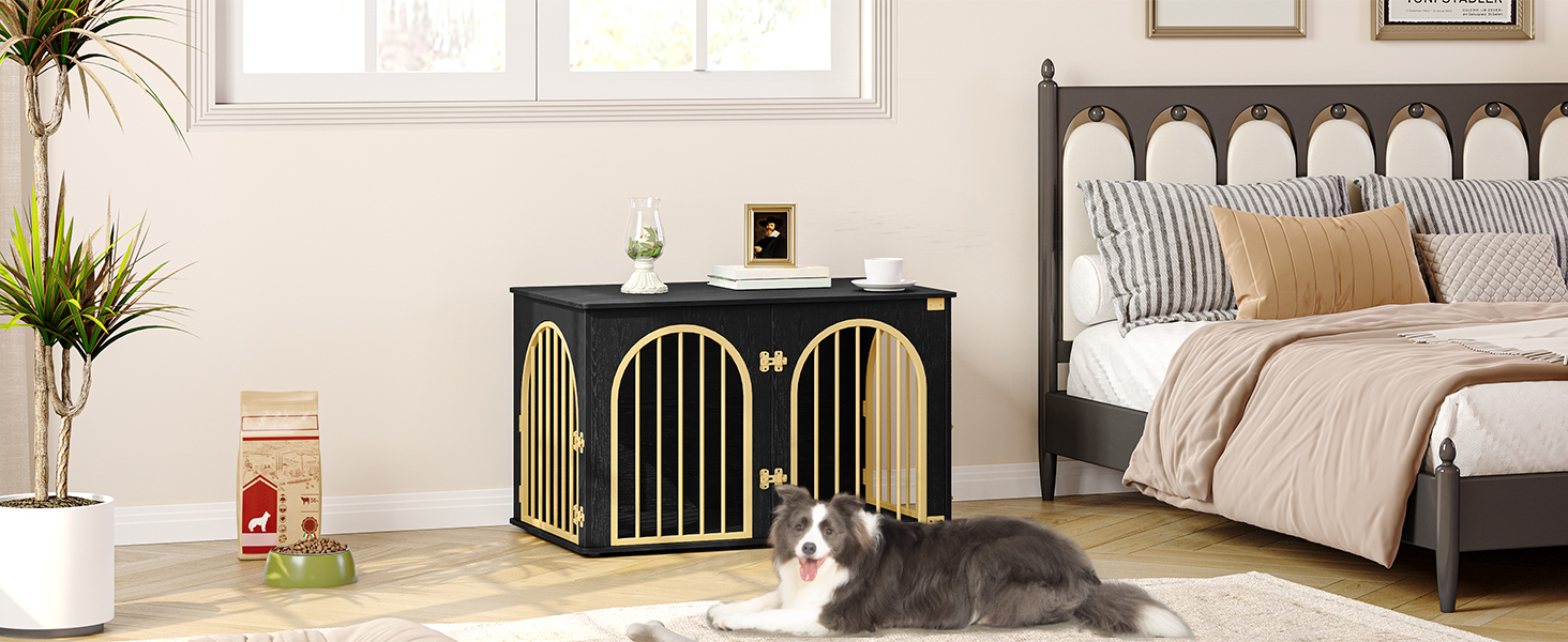 Клітка для собак Hzuaneri, 100 см, з 3 дверцятами, сучасний дизайн, для дому, чорне золото, DFC84101B