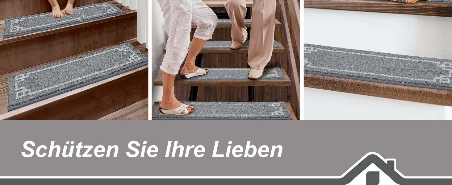 Килимочки на сходи BEQHAUSE, комплект 15 шт. Самоклеючі килимки на сходи для дітей, літніх людей та домашніх тварин, 100% поліестер, TPE-підкладка, 22x70 см (Сірий)