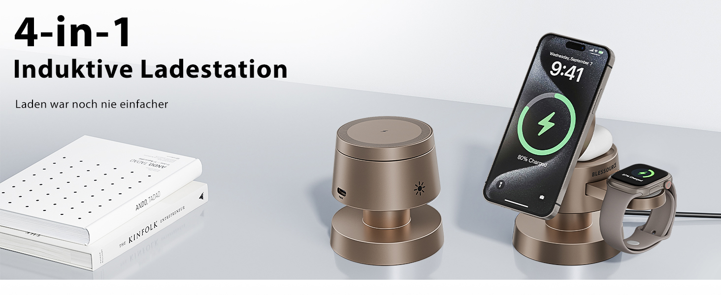 База для бездротової зарядки 4-в-1 для iPhone 17/16/15/14 Pro Max з нічним світлом, сумісна з Apple Watch та AirPods (Золота)