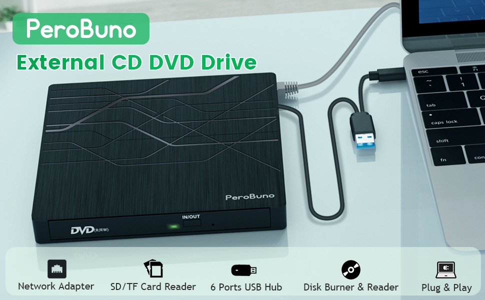 Зовнішній DVD-привід PeroBuno USB 3.0 Type-C, CD/DVD ROM +/-RW, ультратонкий оптичний накопичувач та записник для ноутбука, ПК, MacBook (Windows, Linux, macOS)