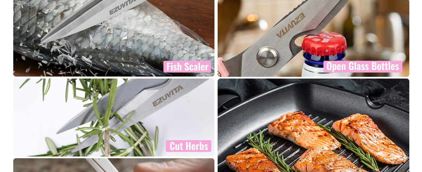 Кухонні ножиці 5-в-1 з пінцетом, титанове покриття, нержавіюча сталь, для кухні, птиці, риби, м'яса (чорний & рожевий)