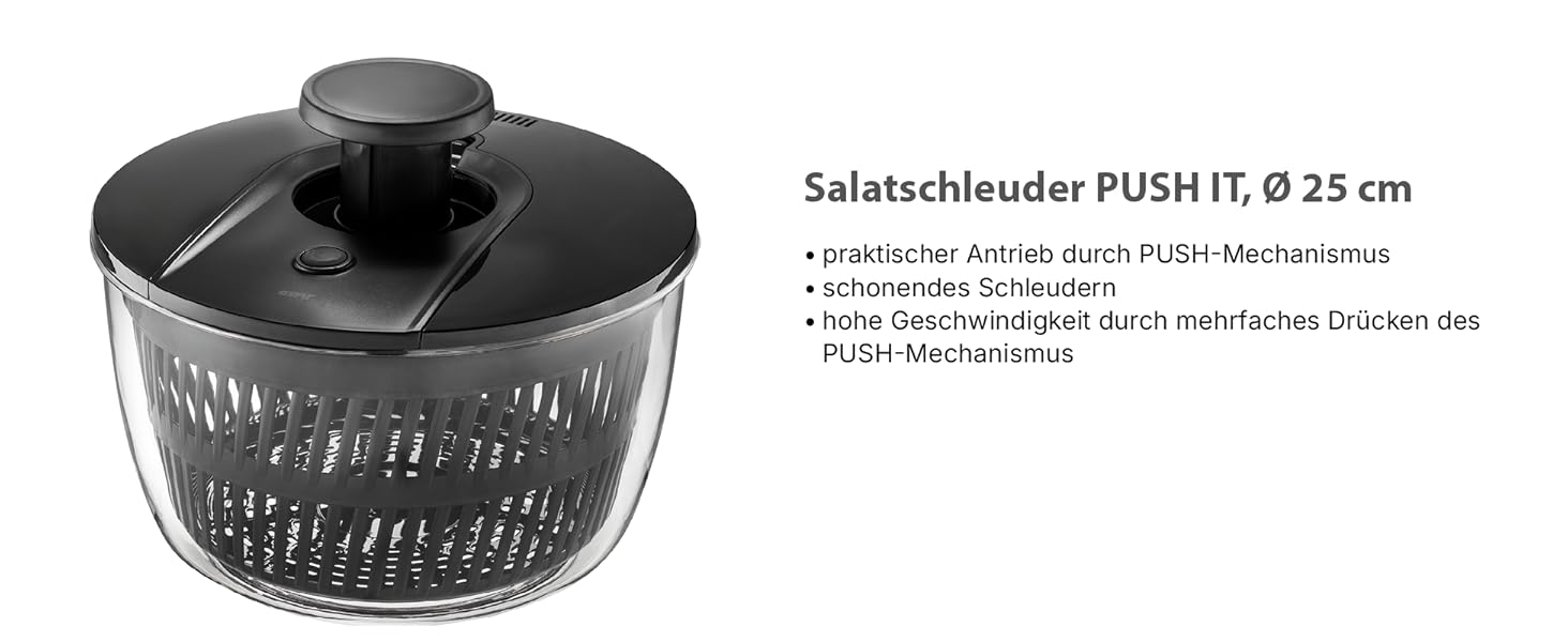 GEFU Салатоотжим - 5 л, з механізмом Push, вбудований виливний носик, кнопка зупинки, неслизький, придатний для миття в посудомийній машині (Чорний/Прозорий)