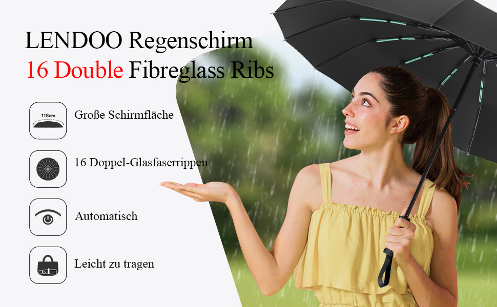 Стійкий до вітру парасолька: компактний автоматичний парасолька великого розміру з 16 ребрами, тефлонове покриття 210T, анти-UV, чорний