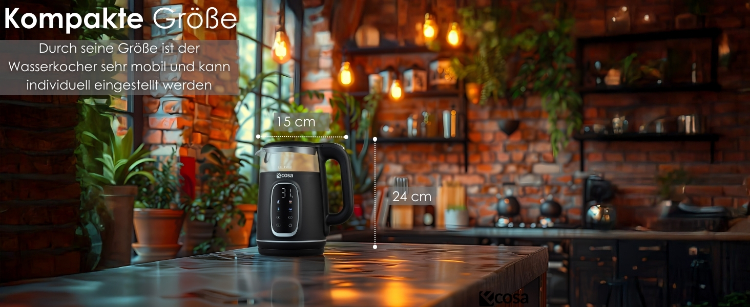 Електрочайник Ecosa® зі скляною колбою та регулюванням температури, 1,7 л, 2200 Вт, не містить BPA, з підігрівом та LED-підсвічуванням (Black Pearl)