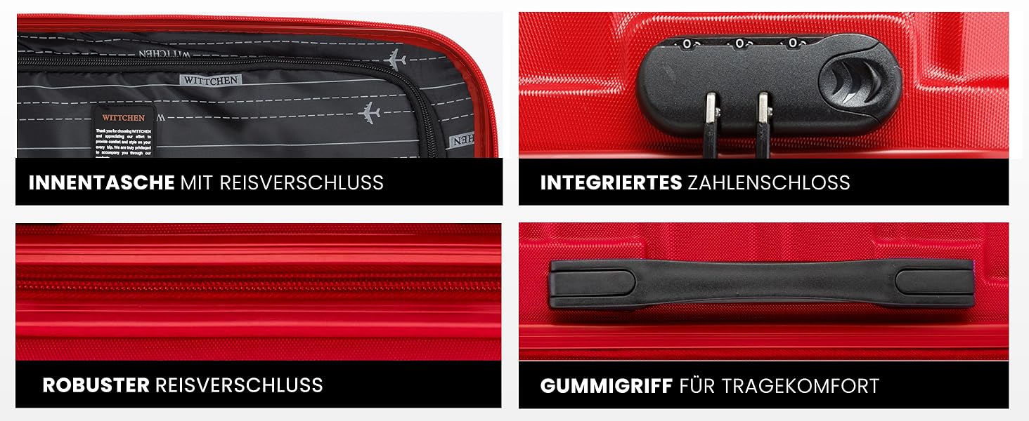 Валіза на колесах WITTCHEN Groove Line L (червона) з ABS-пластику, велика, для авіаперельотів (Lufthansa/Eurowings/Ryanair), з кодовим замком та 4 спіннерами