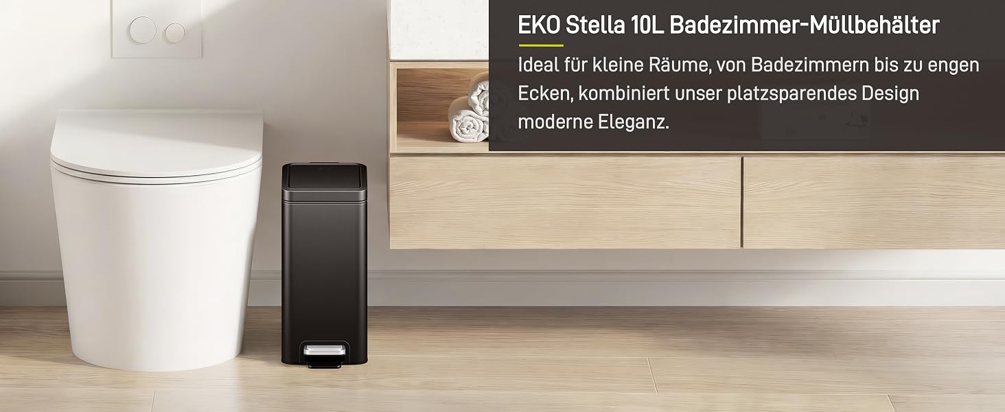 Сміттєвий кошик для ванної кімнати EKO Genie 5 л, вузький педальний відро з нержавіючої сталі з м'яким закриттям (Soft-Close) та внутрішнім контейнером, матовий чорний